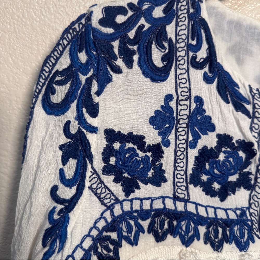 Zara Blue and Cream Boho Embroidered Blouse Jacket Size Small - Picture 7 of 15